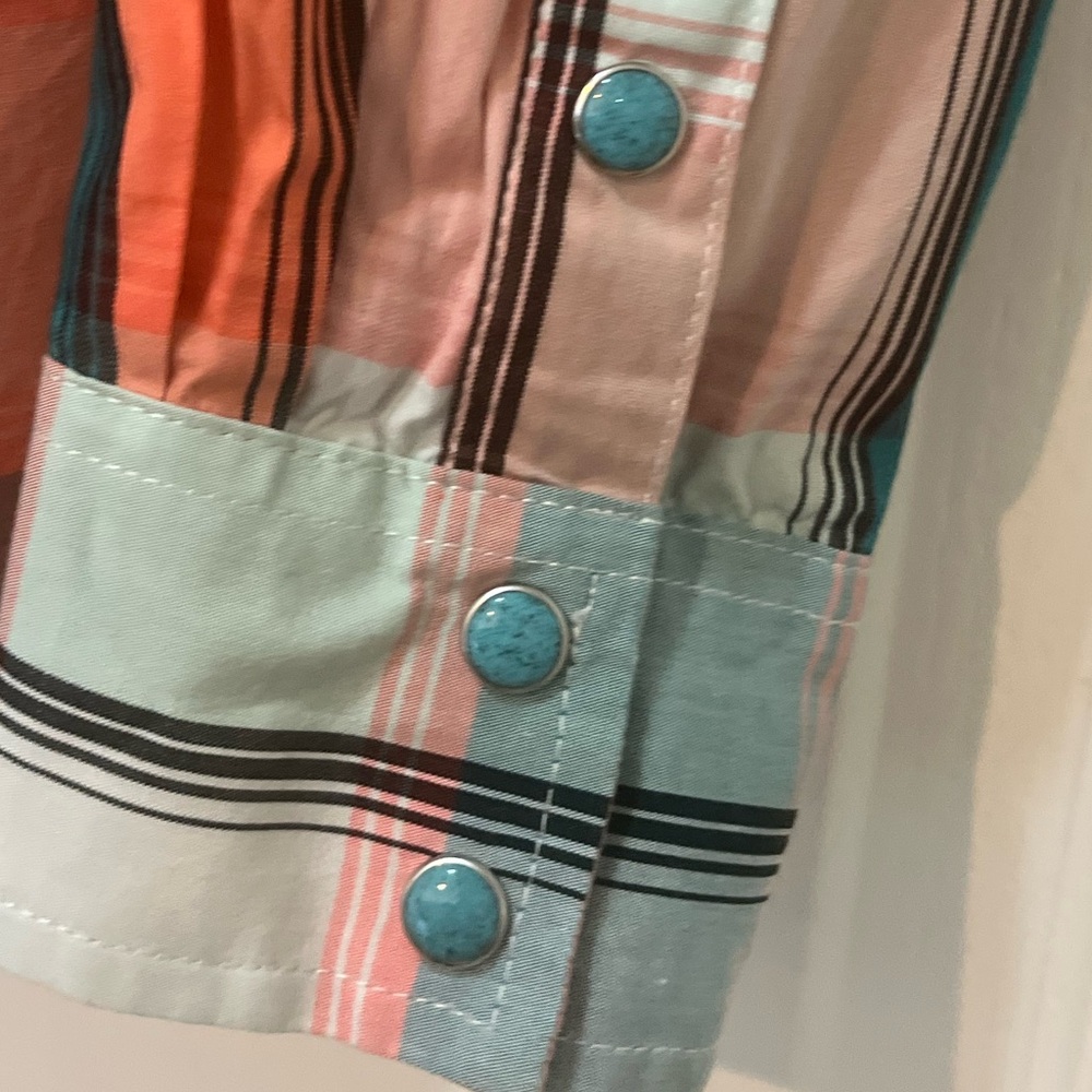 Wrangler Retro Teal and Orange Plaid Western Rodeo Turquoise Snap Shirt, Size S - Picture 7 of 10